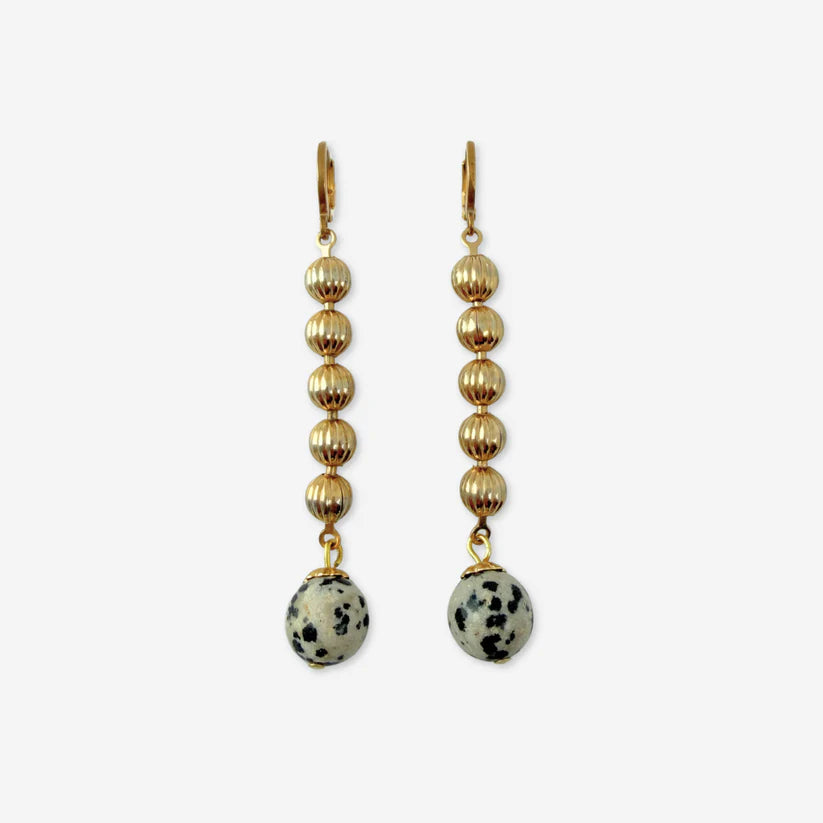 Vintage brass bead + dalmatian jasper earrings