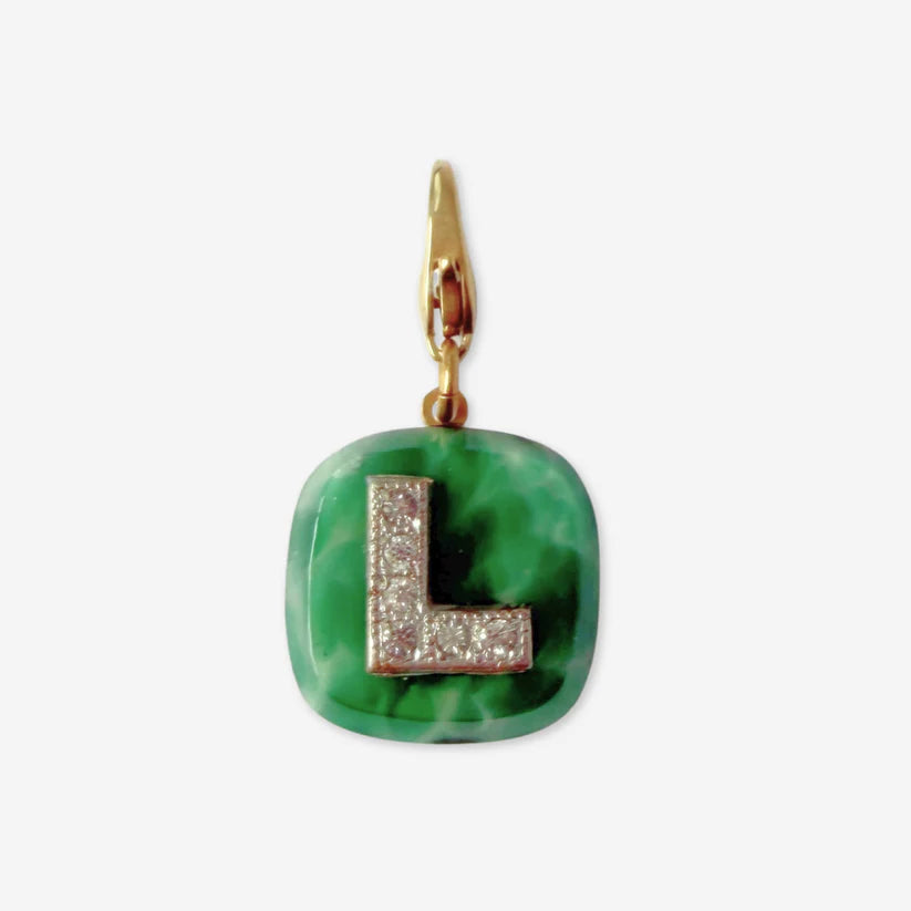 Vintage rhinestone monogram "L" green glass charm