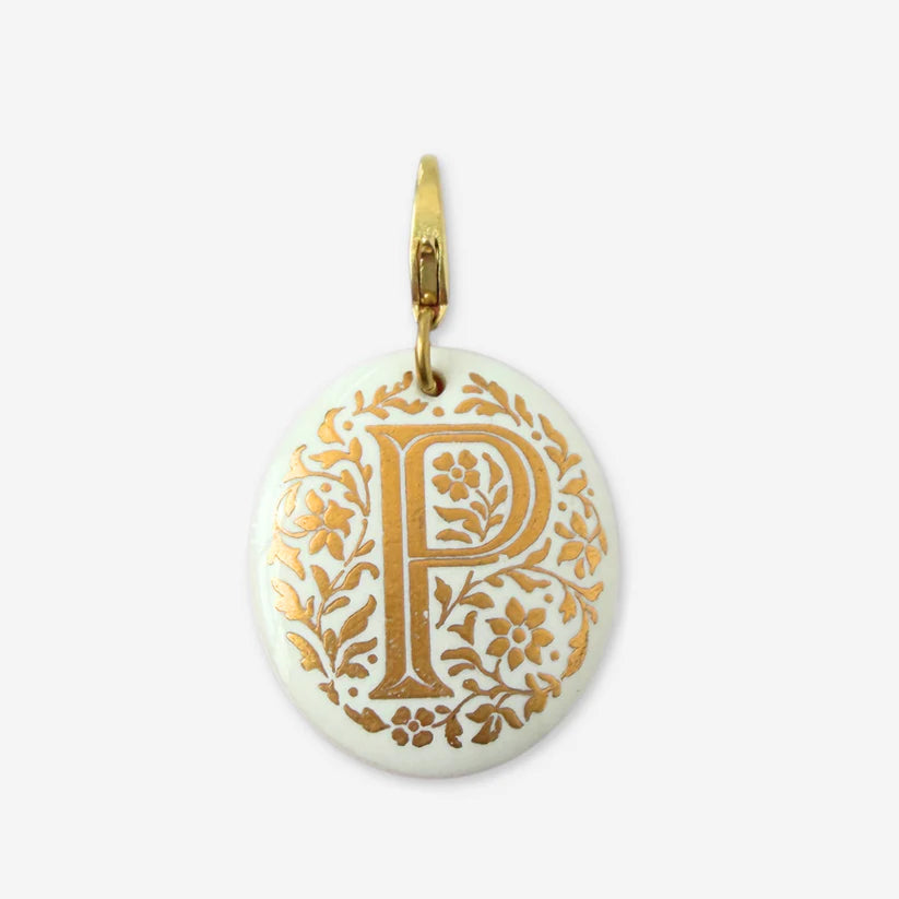 Vintage oval ceramic letter "P" charm