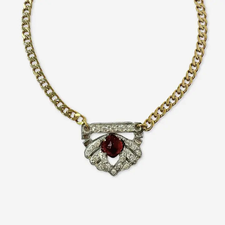 Art Deco Pendant Necklace - Garnet Red