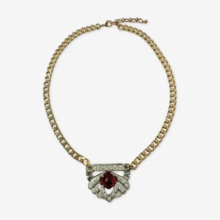 Art Deco Pendant Necklace - Garnet Red