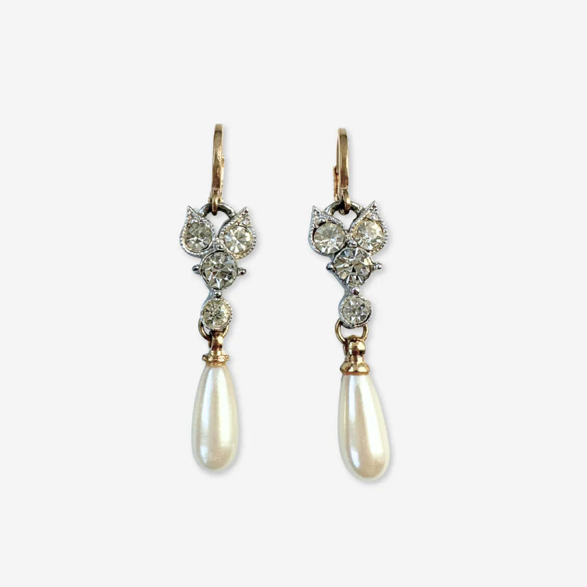 Vintage rhinestone link earrings w/ pearl teardrop